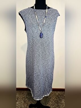Chico’s NWT Striped Shift Dress Fringe Hem Knee Length Black White Casual Travel